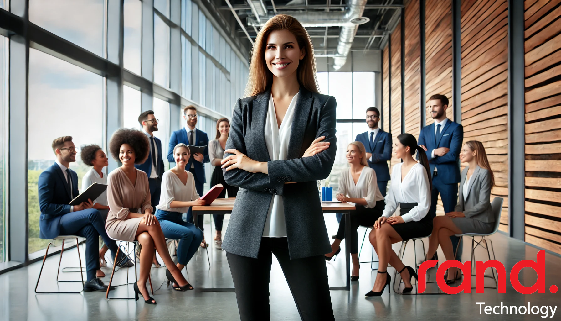 Confident female leader standing in front of a diverse team in a modern office, symbolizing empowerment and inclusion in a male-dominated industry.