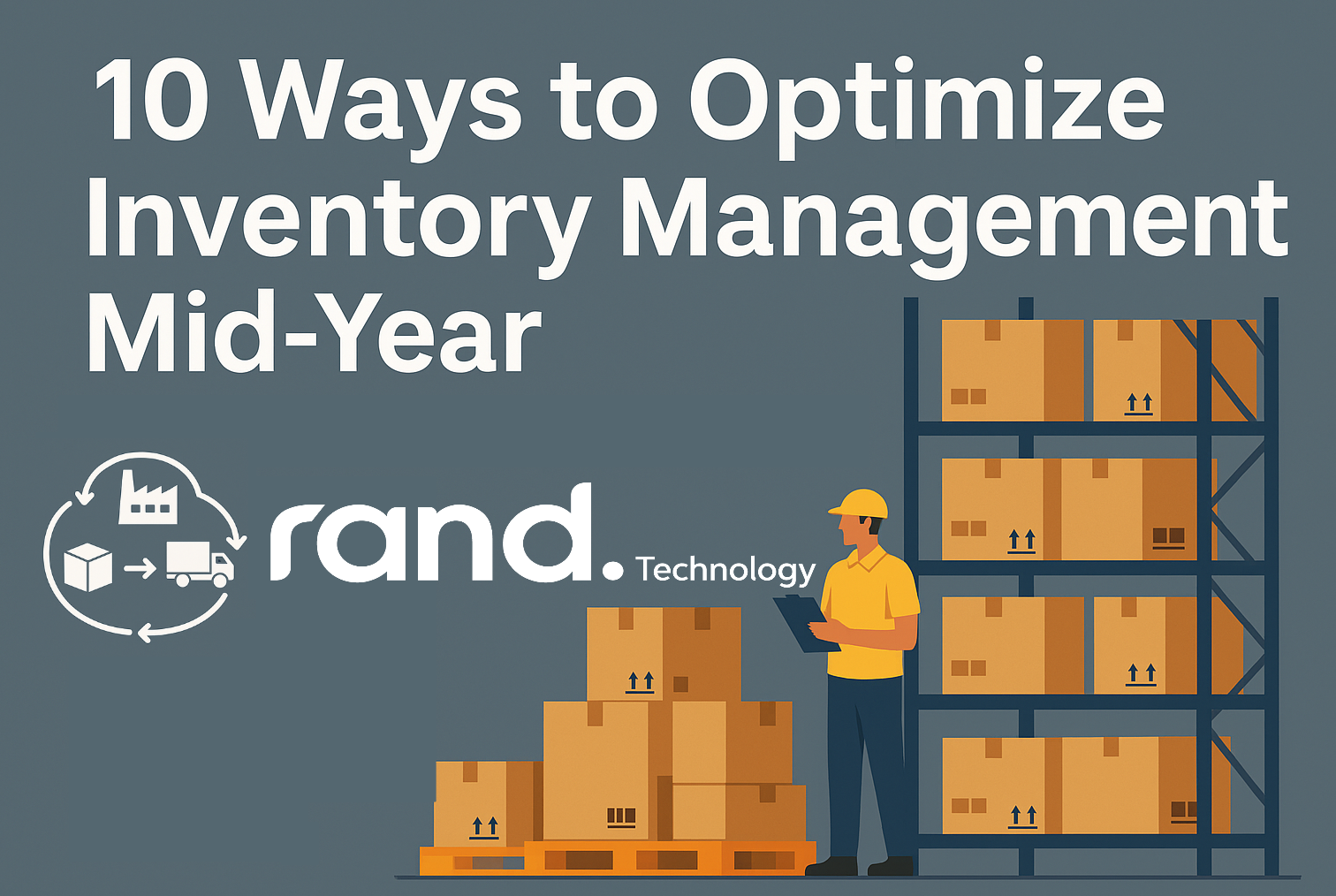 Digital illustration showing a warehouse worker with stacked boxes and shelving, next to bold text reading ‘10 Ways to Optimize Inventory Management Mid-Year for OEMs and EMS Providers,’ highlighting supply chain and inventory optimization themes