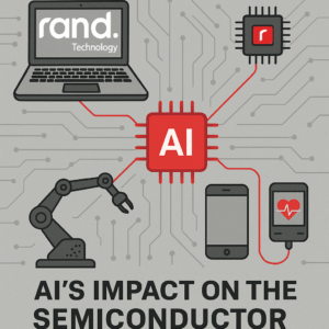 Illustration of AI's impact on the semiconductor industry, featuring a central AI microchip with red circuit lines connecting to devices like a laptop, smartphone, robotic arm, and medical equipment, symbolizing AI’s growing influence across sectors.