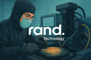 semiconductor technician in a black cleanroom suit and mask, calibrating a wafer-level test rig. The technician uses precision tools on a circular semiconductor wafer under a microscope, with testing equipment and monitors in the background inside a high-tech cleanroom environment.