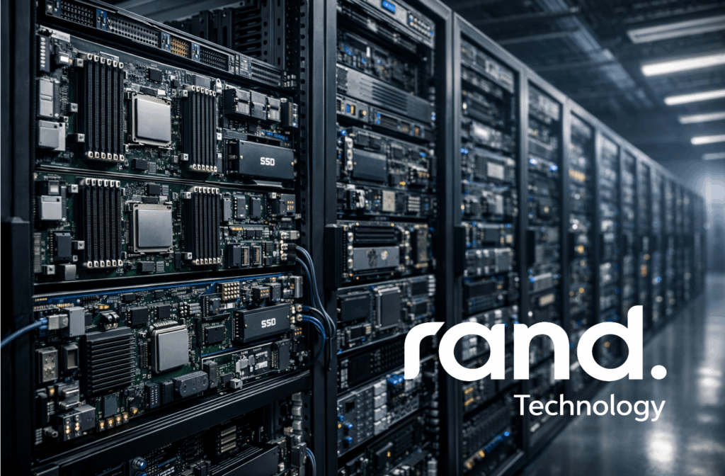 Enterprise AI data center infrastructure with server racks containing processors, DRAM, SSDs, and networking components.