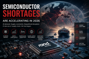 Cinematic illustration of a global semiconductor supply chain showing a microchip, cargo ships, and a connected world map highlighting shortages, rising demand, and supply disruption in 2026