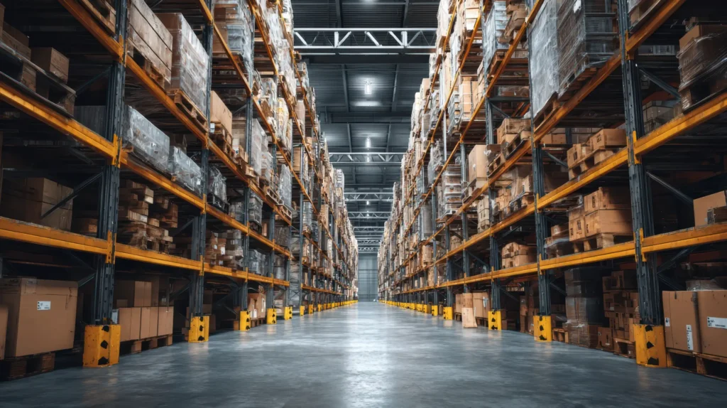 Wide warehouse aisle with tall orange-and-black pallet racks filled with cardboard boxes and wrapped pallets, lit by overhead lights.