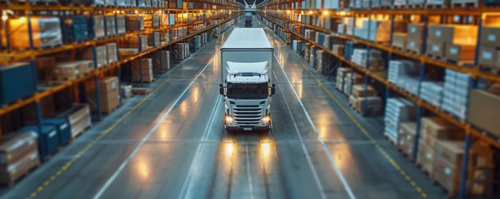 White semi-truck drives down the central aisle of a large warehouse with tall orange shelving and stacked pallets on both sides, lights reflecting on the floor