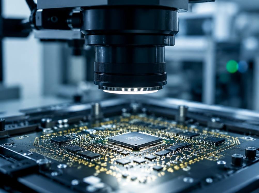Close-up of a circuit board under a microscope, showing a central processor and surrounding gold solder joints.
