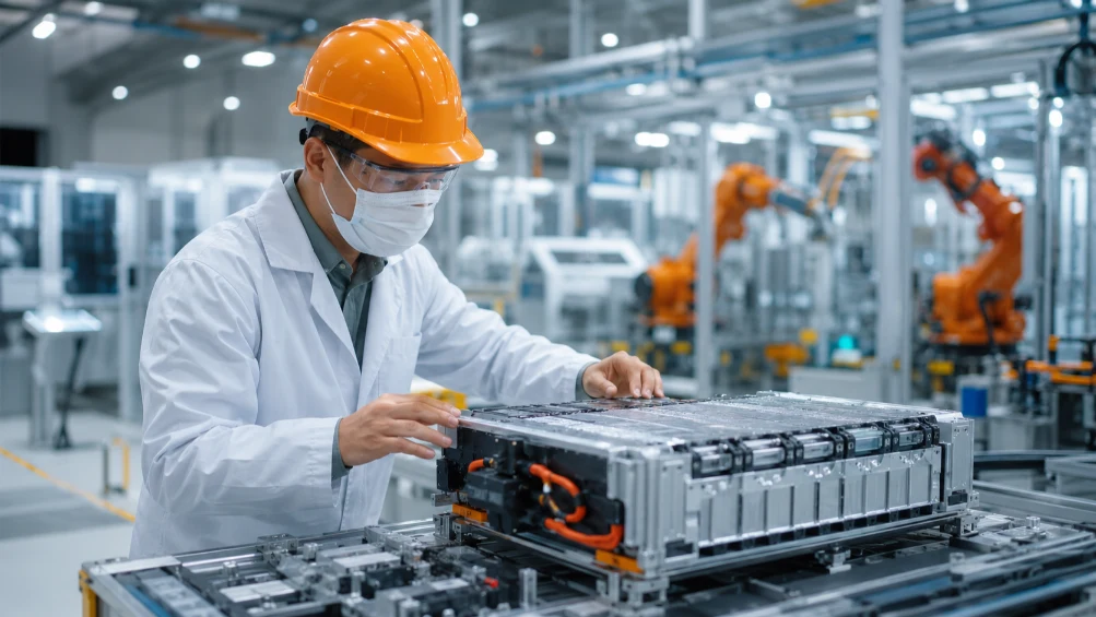 Technician wearing an orange hard hat and mask inspects a modular battery pack on a production line in a robotics factory.