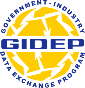 GIDEP logo: blue GIDEP text across a yellow circular background with arrow shapes, surrounded by 'Government-Industry Data Exchange Program' text.