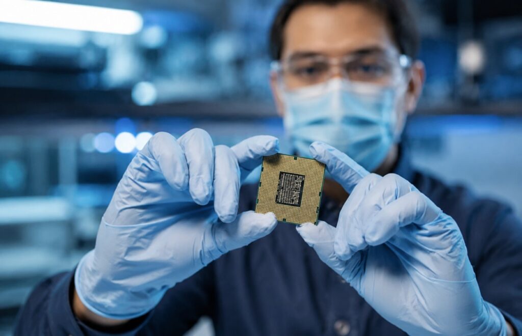 Scientist in gloves and mask holding a microprocessor chip up to the camera in a lab setting