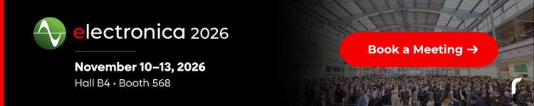 Electronica 2026 banner with logo, event dates November 10–13, 2026 at Hall B4, Booth 568, and a red 'Book a Meeting' button over a crowded convention hall image.